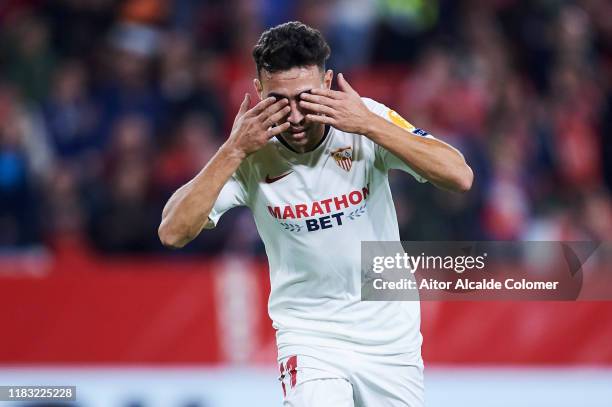 Munir El Haddadi of Sevilla FC celebrates after scoring his team's third goal during the UEFA Europa League group A match between Sevilla FC and F91...