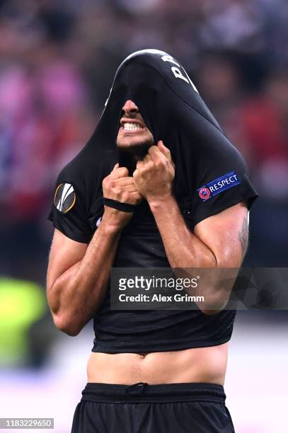 Goncalo Paciencia of Eintracht Frankfurt reacts after his team's victory in the UEFA Europa League group F match between Eintracht Frankfurt and...