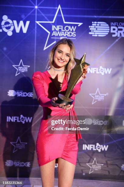 Sanne Vloet poses with her award The Rising Influencer of the Year during the Inflow Global Awards 2019 at the Four Seasons Bosphorus Hotel on...