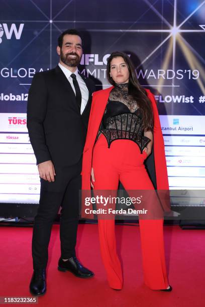 Maya Devir and Yehuda Devir pose on the red carpet upon arrival to attend the Inflow Global Awards 2019 at the Four Seasons Bosphorus Hotel on...