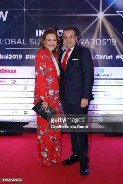 Egemen Bagıs and Reyhan N. Bagıs pose on the red carpet upon arrival to attend the Inflow Global Awards 2019 at the Four Seasons Bosphorus Hotel on...