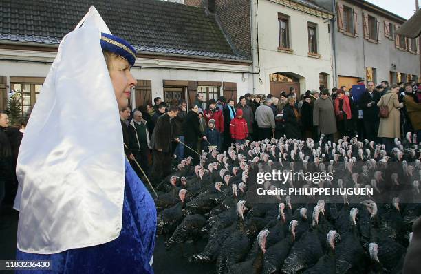 Des membres de la confrérie de l'ordre de la dinde de Licques défilent derrière plusieurs centaines de dindes, le 11 décembre 2005 dans les rues de...