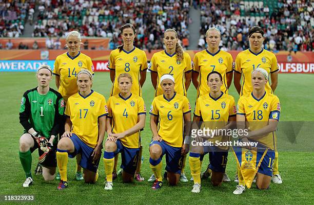 The Sweden team line up prior to the FIFA Women's World Cup 2011 Group C match between Sweden and USA at the Arena In Allerpark on July 6, 2011 in...