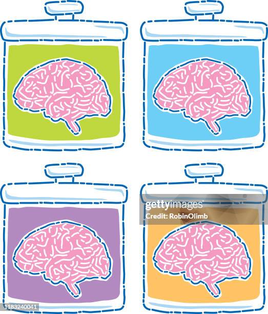 four brains in jars - mad scientist stock illustrations