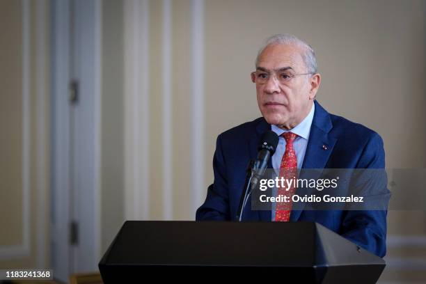 José Ángel Gurría, Secretary General of the Organization for the OECD, addresses the President of Colombia Ivan Duque Marquez and congratulates the...