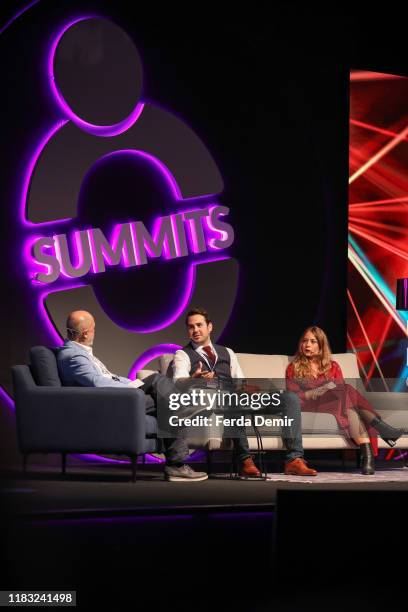 Neset Dereli, Tugce Aksoy, Emrah Irmak Emekdas speak on stage Inflow Global Summits 2019 at the Four Seasons Bosphorus Hotel on October 22, 2019 in...