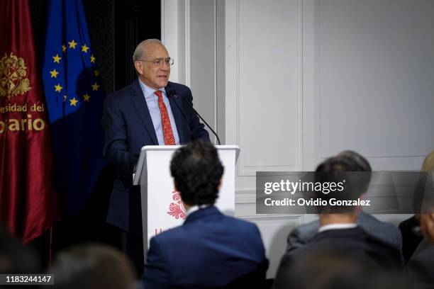 José Ángel Gurría, Secretary General of the OECD speaks at the Universidad del Rosario of Bogota, on October 24, 2019 in Bogota, Colombia. The Third...