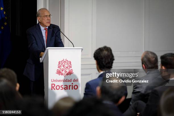 José Ángel Gurría, Secretary General of the OECD speaks at the Universidad del Rosario of Bogota, on October 24, 2019 in Bogota, Colombia. The Third...