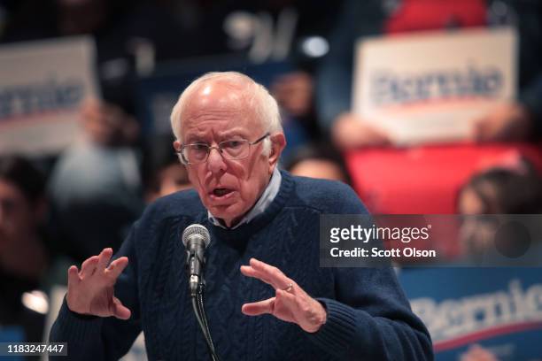 Democratic presidential candidate Sen. Bernie Sanders speaks to guests during a campaign stop on October 24, 2019 in Marshalltown, Iowa. The 2020...