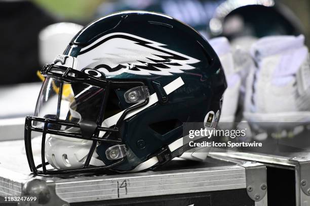 Philadelphia Eagles helmet sits on a cart during the game between the New England Patriots and the Philadelphia Eagles on November 17, 2019 at...