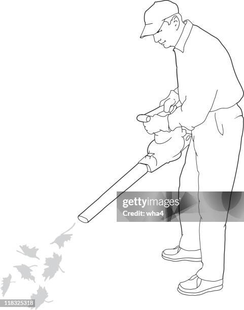 illustrations, cliparts, dessins animés et icônes de homme utilisant souffleur de feuilles - leaf blower