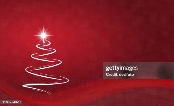 horizontal vector illustration of a creative dark red maroon wine color background with one creative spiral white christmas tree with a bright shining star at top, wave pattern at the bottom - the wave stock illustrations
