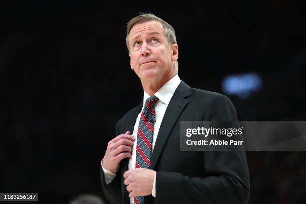 Head Coach Terry Stotts of the Portland Trail Blazers reacts against the Denver Nuggets in the first quarter during their season opener at Moda...