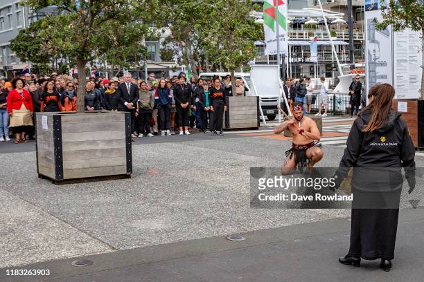 Maori Warrior welcomes the crews led by Government Minister Kelvin Davis to a Powhiri at Viaduct Harbour on October 25, 2019 in Auckland, New...