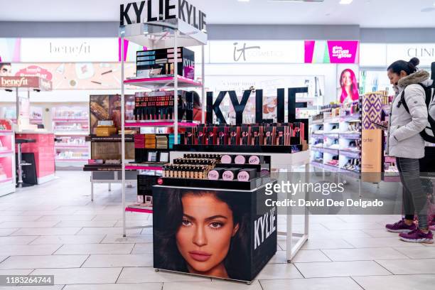 Kylie Cosmetics are displayed at Ulta beauty on November 18, 2019 in New York City. Kylie Cosmetics has sold a controlling stake to Coty Inc for a...