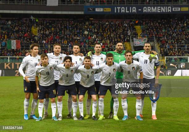 Players of Italy line up prior to the UEFA Euro 2020 Qualifier between Italy and Armenia on November 18, 2019 in Palermo, Italy.