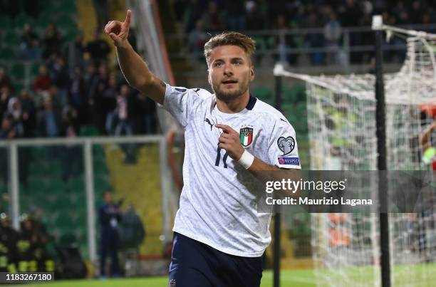 Ciro Immobile of Italy celebrates the opening goal during the UEFA Euro 2020 Qualifier between Italy and Armenia on November 18, 2019 in Palermo,...