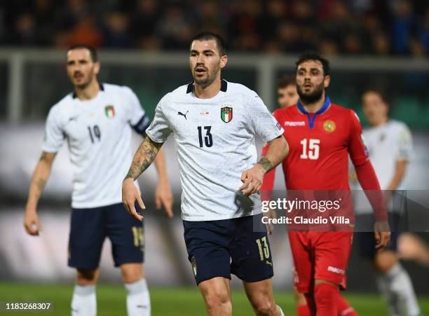 Alessio Romagnoli of Italy in action during the UEFA Euro 2020 Qualifier between Italy and Armenia on November 18, 2019 in Palermo, Italy.