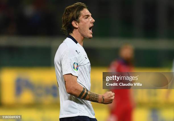 Nicolo Zaniolo of Italy celebrates after scoring a goal during the UEFA Euro 2020 Qualifier between Italy and Armenia on November 18, 2019 in...