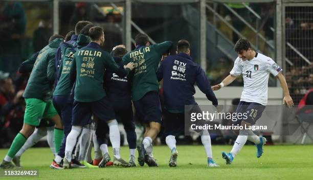 Riccardo Orsolini of Italy celebrates after scoring his team's 8th goal during the UEFA Euro 2020 Qualifier between Italy and Armenia on November 18,...