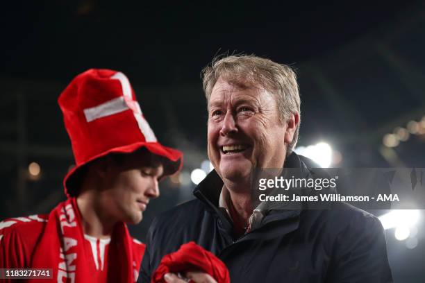Age Hareide the manager / head coach of Denmark celebrates at full time after Denmark qualify for Euro 2020 at the UEFA Euro 2020 qualifier between...