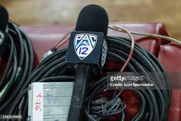 Pac 12 network microphone before the college basketball game between the Rider Broncs and the Arizona State Sun Devils on November 17, 2019 at Desert...
