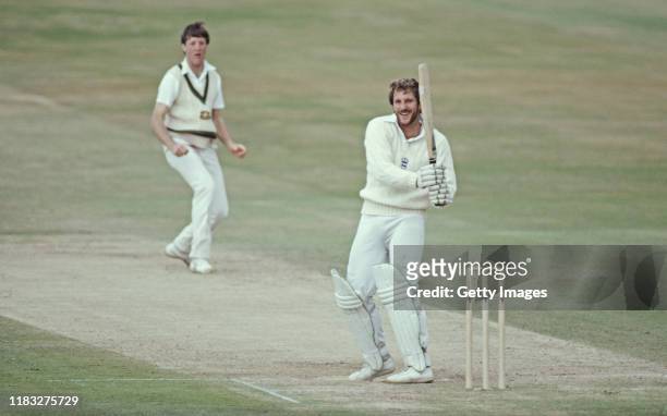 England batsman Ian Botham smiles as he hits out off the bowling of Geoff Lawson during his 149* during the 2nd Innings of the 3rd Cornhill Test...
