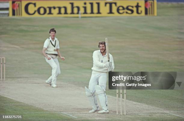 England batsman Ian Botham smiles as he hits out off the bowling of Geoff Lawson during his 149* during the 2nd Innings of the 3rd Cornhill Test...