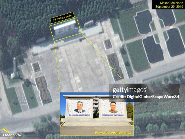 Figure 4. Close-up of a monument area south of the main road between Yongbyon City and the Nuclear Scientific Research Center. The portraits of Kim...