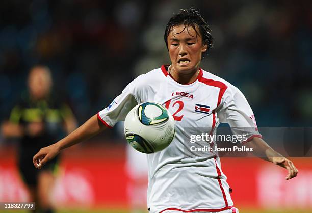 Jon Myong Hwa of Korea DPR controls the ball during the FIFA Women's World Cup 2011 Group C match between Korea DPR and Colombia at Rewirpower...