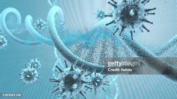 3d-viruszellen greifen einen dna-strang an - flu virus stock-fotos und bilder