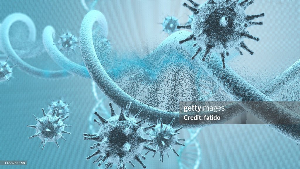 3D-virus cellen die een DNA-streng aanvallen