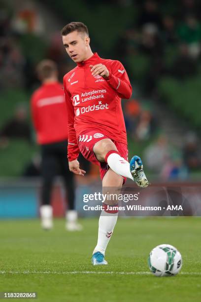 Jonas Knudsen of Denmark during the UEFA Euro 2020 qualifier between Republic of Ireland and Denmark so at Dublin Arena on November 18, 2019 in...