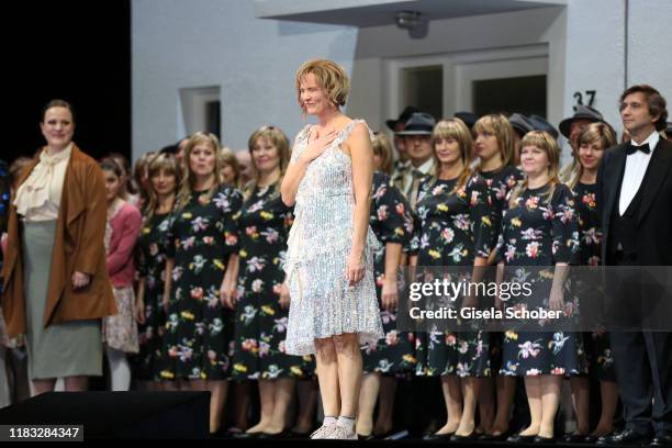 Opera singer Marlis Petersen during the final applause of the opera premiere of "Die tote Stadt" by Erich Wolfgang Korngold at Bayerische Staatsoper...