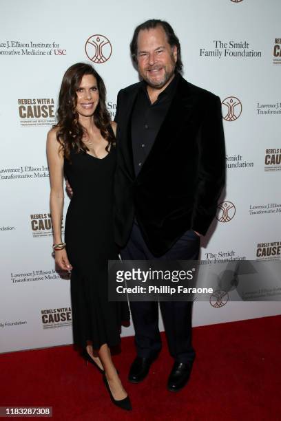 Lynne Benioff and Marc Benoiff attend the Rebels With A Cause Gala 2019 at Lawrence J Ellison Institute for Transformative Medicine of USC on October...