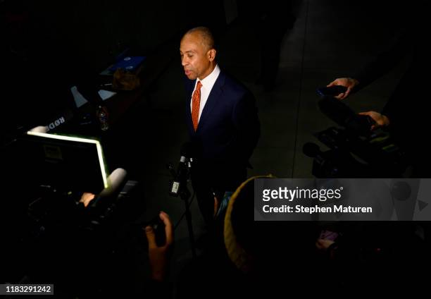 Former Massachusetts Governor Deval Patrick speaks with members of the media after attending a meeting of the Polk County Democrats on November 18,...