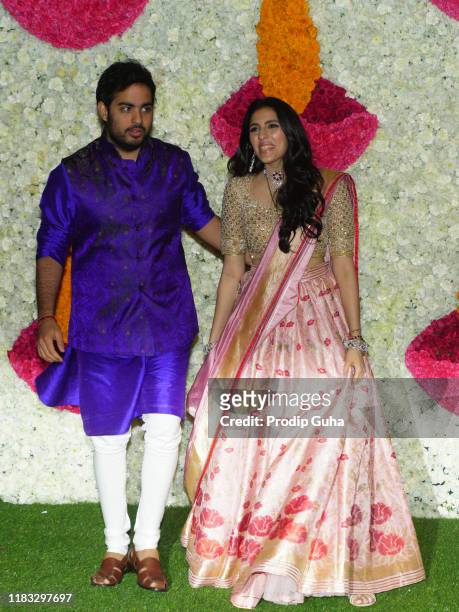 Akash Ambani and his wife Shloka Mehta attend the Diwali Bash for Mumbai Indian Cricket Team hosted by Nita Ambani and Mukesh Ambani on October 24,...