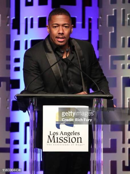 Host Nick Cannon speaks onstage at The Los Angeles Mission Legacy Of Vision Gala at The Beverly Hilton Hotel on October 24, 2019 in Beverly Hills,...