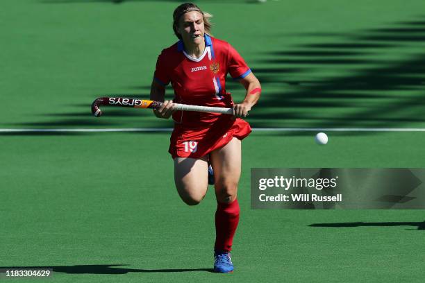 Bogdana Sadovaia of Russia chases the ball during the FIH Hockey Olympic Qualifiers match between the Australian Hockeyroos and Russia on October 25,...