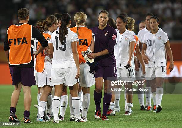 Hope Solo , goalkeeper of USA looks dejected after the FIFA Women's World Cup 2011 Group C match between Sweden and USA at Wolfsburg Arena on July 6,...