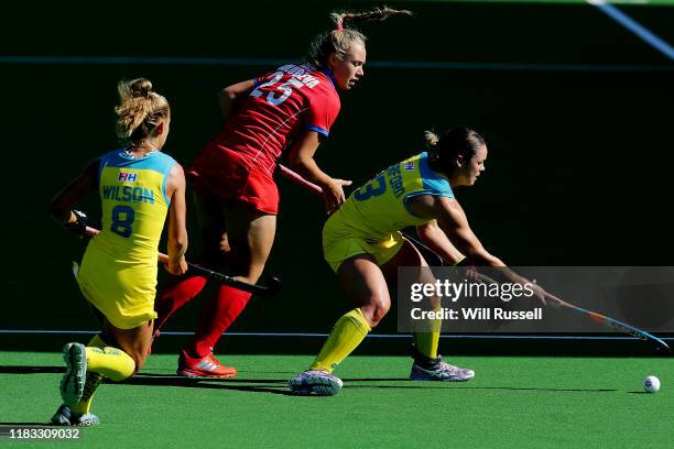 Kalindi Commerford of the Hockeyroos controls the ball during the FIH Hockey Olympic Qualifiers match between the Australian Hockeyroos and Russia on...