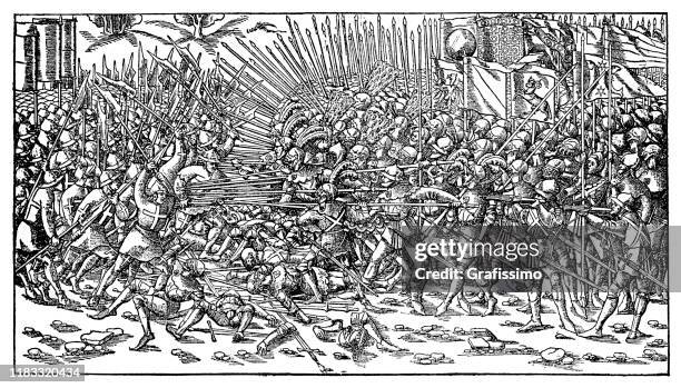 medieval battle at sempach 1386 - mercenary stock illustrations