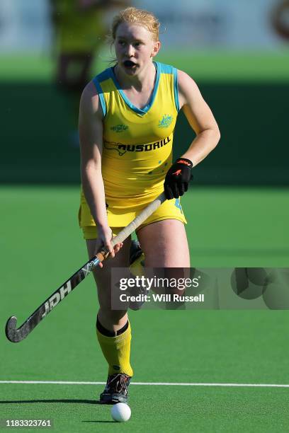 Amy Lawton of the Hockeyroos looks to pass the ball during the FIH Hockey Olympic Qualifiers match between the Australian Hockeyroos and Russia on...