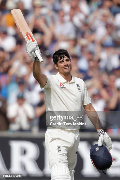 Alastair Cook of England celebrates getting his century in his final test match innings before retirement during the 4th day of the England v India...