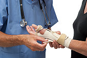 Male doctor attending to female patient's wrist splint