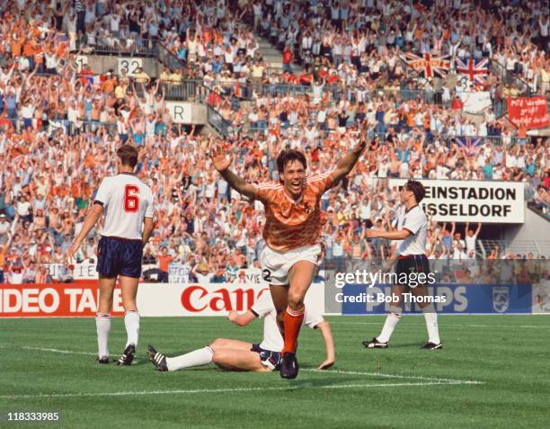 Dutch footballer Marco van Basten having scored the first of his three goals against England during a European Championship match in Dusseldorf, 15th...