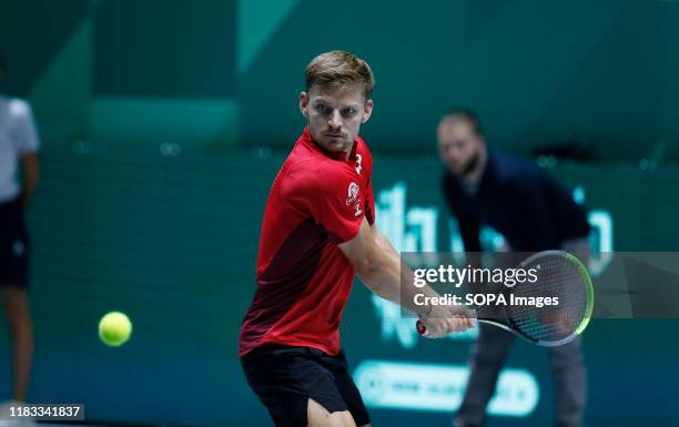 David Goffin of Belgium plays a backhand against Daniel Galan of Colombia during the Day 1 of the 2019 Davis Cup at La Caja Magica in Madrid.