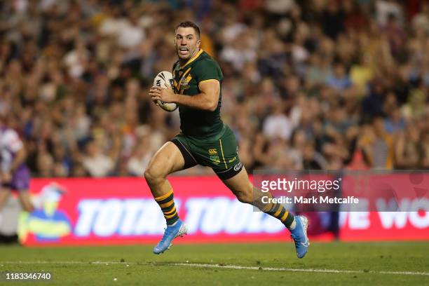 James Tedesco of Australia scores a try during the International Rugby League Test Match between the Australian Kangaroos and the New Zealand Kiwis...