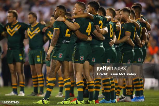 The Kangaroos look on during the International Rugby League match between the Australian Jillaroos and the New Zealand Kiwi Ferns at WIN Stadium on...