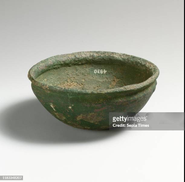Bronze phiale , Cypro-Archaic, circa 600 BC, Cypriot, Bronze, 1 15/16in. , Bronzes, This type of phiale, with a hemispherical bowl, prominent...